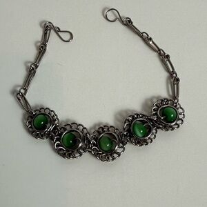 Vintage Silver-Tone Green Cabochon Link Bracelet